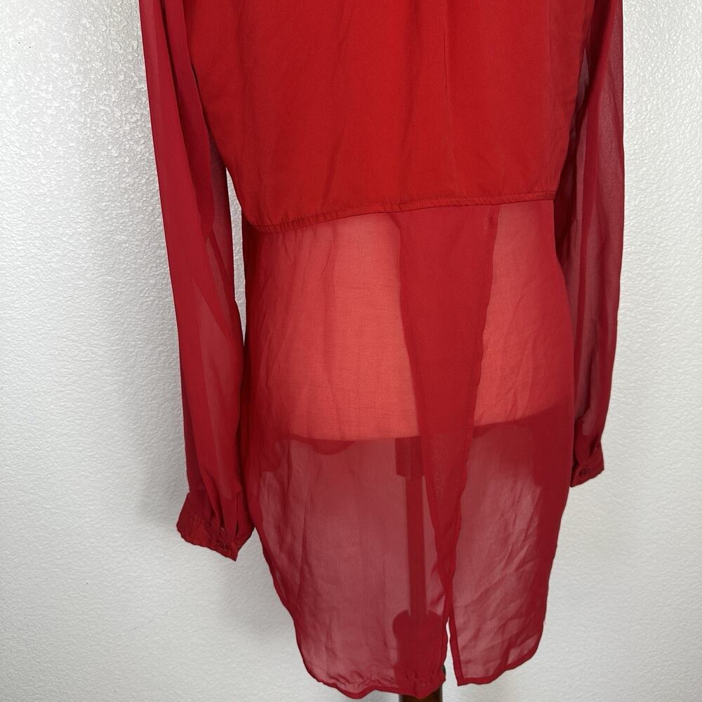 Free People Top Women Medium Red Long-sleeve Sheer Button Split Back Shirt - Picture 8 of 11